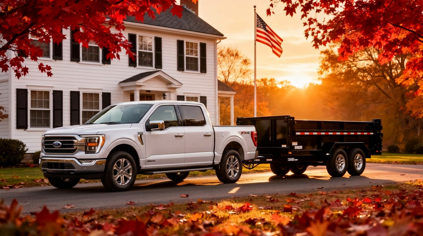 Premium junk removal truck at a New England colonial home